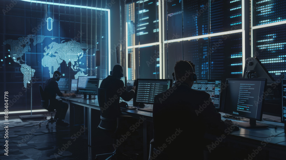 In a dimly lit, high-tech control room, individuals work intently at their computer stations, surrounded by large screens displaying data and global maps. In a dimly lit, high-tech control room, individuals work intently at their computer stations, surrounded by large screens displaying data and global maps.
