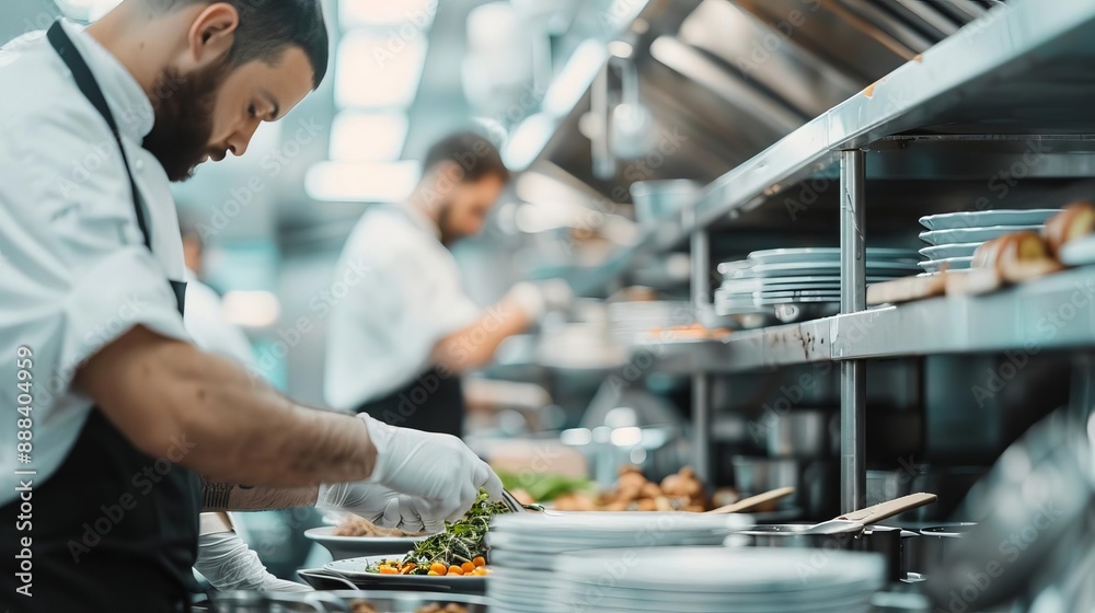 Professional chefs diligently working in a modern restaurant kitchen, preparing gourmet dishes with precision and expertise. Professional chefs diligently working in a modern restaurant kitchen, preparing gourmet dishes with precision and expertise.