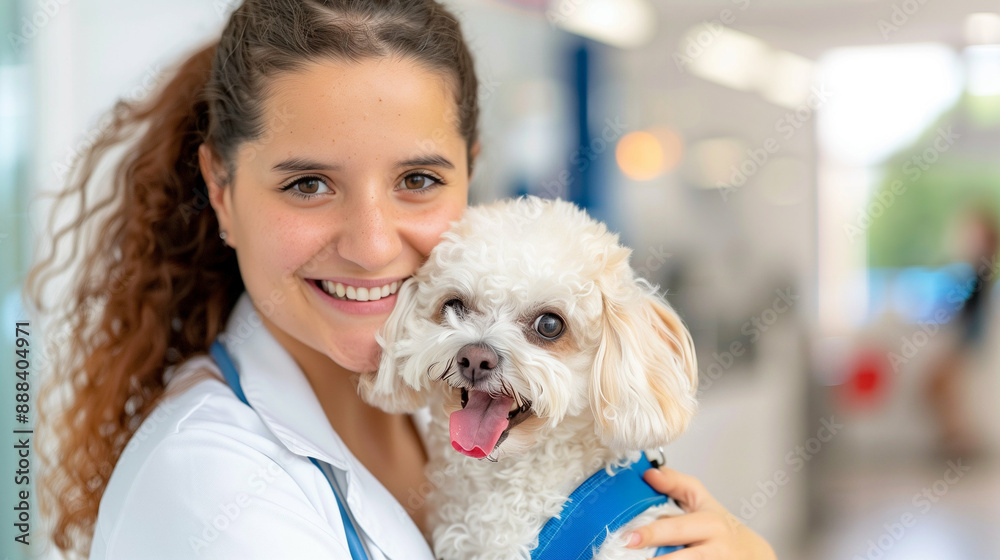 Happy Vet Nurse with Healthy Dog at Veterinary Clinic. Expert Pet Care and Veterinary Services Happy Vet Nurse with Healthy Dog at Veterinary Clinic. Expert Pet Care and Veterinary Services