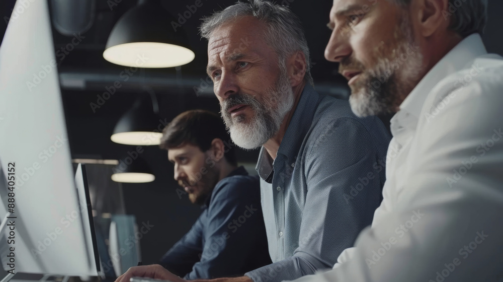 Obraz premium Three men diligently work on computers under industrial lighting, embodying teamwork and dedication.