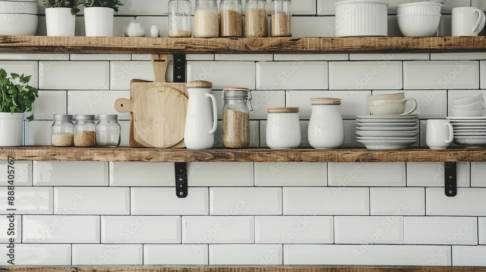 Rustic kitchen shelves with essentials, wooden accents, and white tiles creating a cozy and organized atmosphere. Rustic kitchen shelves with essentials, wooden accents, and white tiles creating a cozy and organized atmosphere.