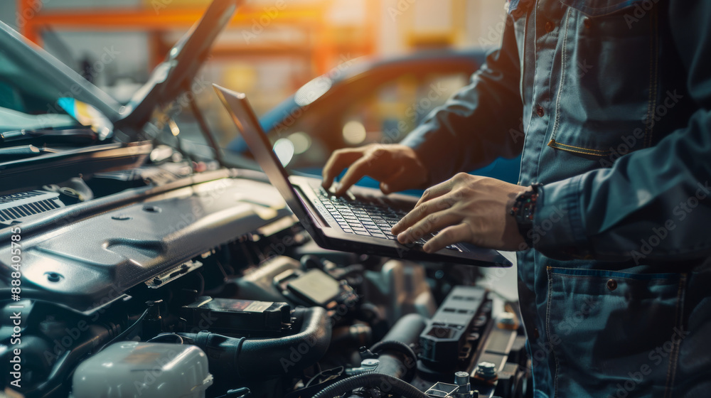 A technician uses a laptop to diagnose a car engine in a brightly lit workshop, illustrating modern vehicle maintenance and technological proficiency. A technician uses a laptop to diagnose a car engine in a brightly lit workshop, illustrating modern vehicle maintenance and technological proficiency.