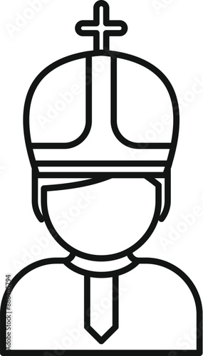 Line art icon of a pope wearing a mitre hat with a cross on top, symbolizing christianity and religion
