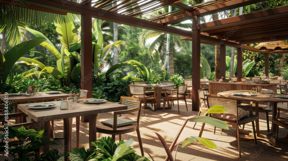 Fototapeta premium A beautiful outdoor restaurant patio surrounded by tropical plants, creating a refreshing and delightful dining environment.