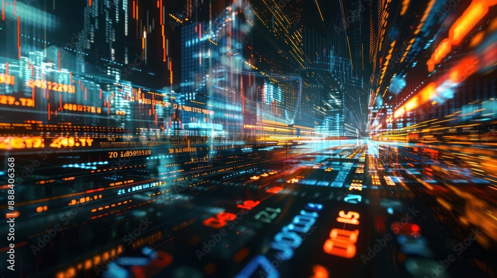 Obraz premium Detailed visualization of a stock market trading floor, represented abstractly with streams of data and light reflecting rapid transactions