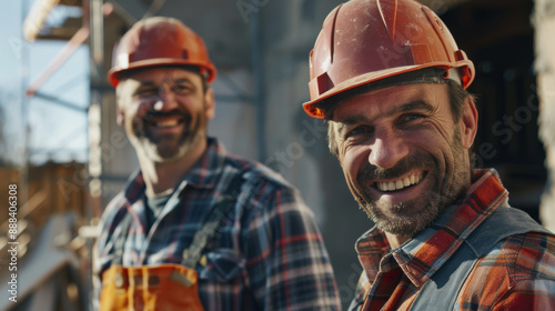 Two construction workers in orange helmets share a hearty laugh at a sunlit construction site, capturing a moment of shared joy amid their labor.