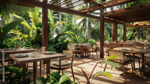 A beautiful outdoor restaurant patio surrounded by tropical plants, creating a refreshing and delightful dining environment.