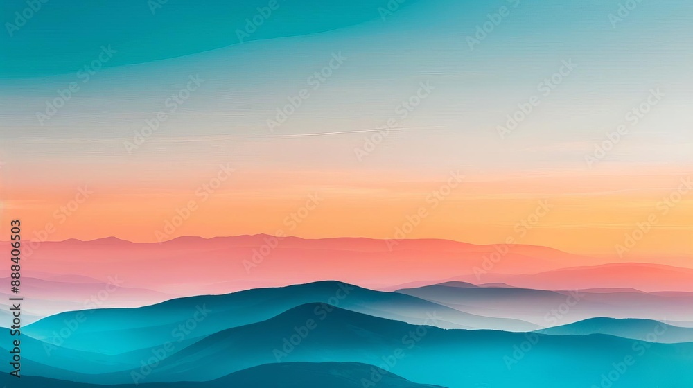 Serene mountain landscape at sunset with layers of blue hills and a colorful sky, creating a mesmerizing gradient effect.