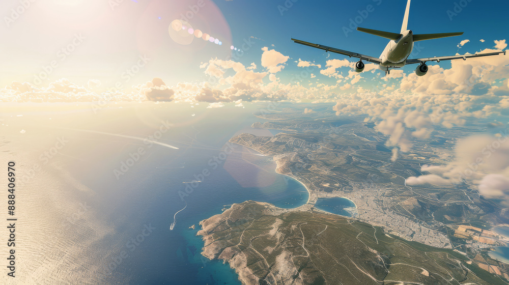 Fototapeta premium An airplane soars high above the clouds, offering a breathtaking view of the sunlit coastline below, creating an inspiring sense of freedom and adventure.