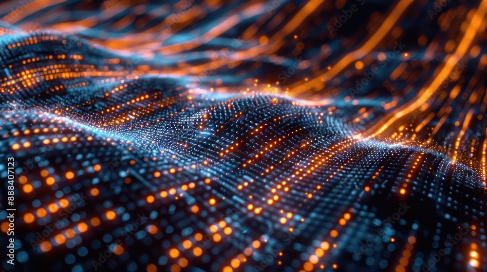 digital rendering of an advanced algorithm for predicting stock market trends, visualized as a 3D labyrinth of moving data points