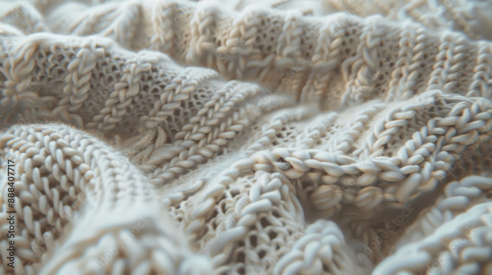 Detailed close-up of white knitted fabric, revealing delicate weaves and soft texture, emphasizing its comfort and warmth. Detailed close-up of white knitted fabric, revealing delicate weaves and soft texture, emphasizing its comfort and warmth.