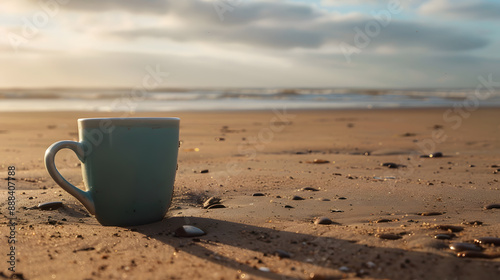 A coffee cup is sitting on a beach with a view of the ocean