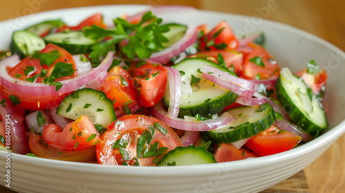 Fresh garden salad with vibrant tomatoes, cucumbers, onions, and parsley in a white bowl. © VK Studio