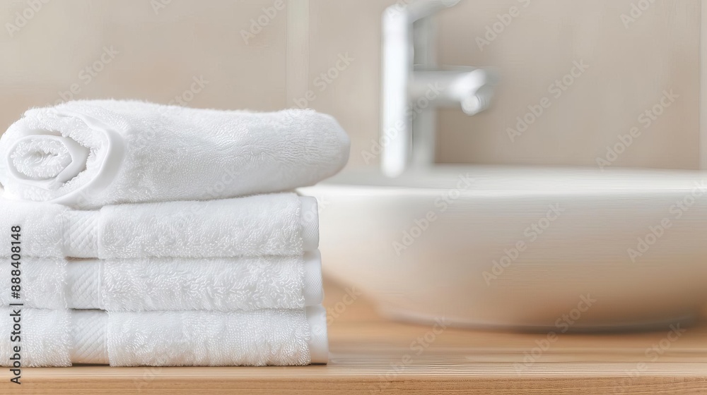 Stack of clean white towels on wooden surface in modern bathroom with blurred sink in background, symbolizing freshness and hygiene. Stack of clean white towels on wooden surface in modern bathroom with blurred sink in background, symbolizing freshness and hygiene.