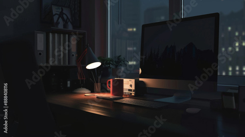 A dimly lit home office with a computer on the desk, a cup of coffee next to it, and city lights visible through the window, creating a cozy nocturnal workspace.