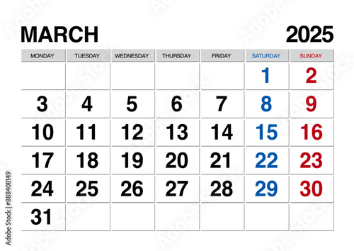 2025年3月のカレンダー月曜始まり日本の祝日表記無し
