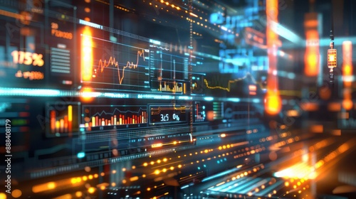 High-tech digital art showing a real-time credit risk monitoring dashboard, with pulsating lights and dynamic charts