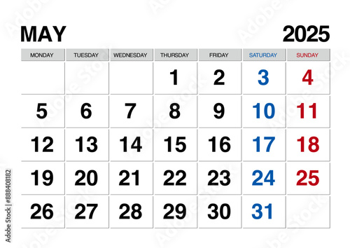 2025年5月のカレンダー月曜始まり日本の祝日表記無し
