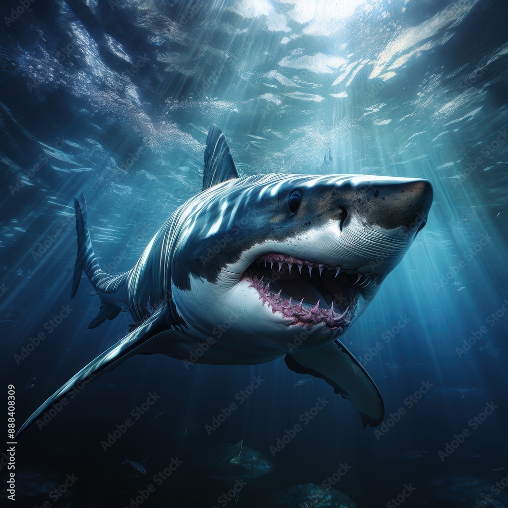 Fototapeta premium A great white shark, swimming underwater with its mouth wide open, ideal for themes related to marine life, ocean predators, and the raw power of nature