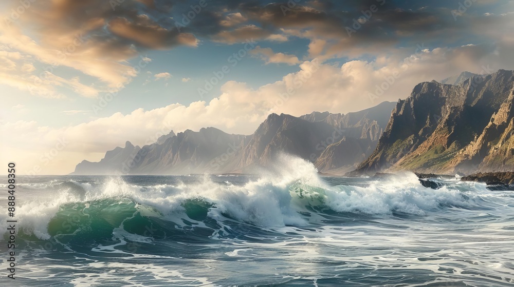 Fototapeta premium Stunning ocean waves crashing against a rocky coastline with dramatic mountains under a cloudy sky at sunset.