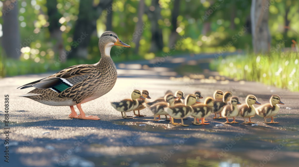 Fototapeta premium A mother duck and her twelve ducklings walk on a wet path through a lush green forest, with soft sunlight filtering through the trees.
