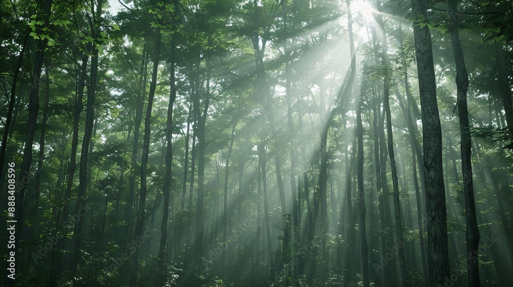 Obraz premium Sunlight filtering through the trees in a dense, green forest, creating a serene, natural landscape scene full of tranquility.