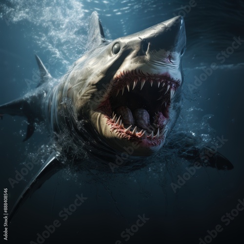 A great white shark, swimming underwater with its mouth wide open, ideal for themes related to marine life, ocean predators, and the raw power of nature photo