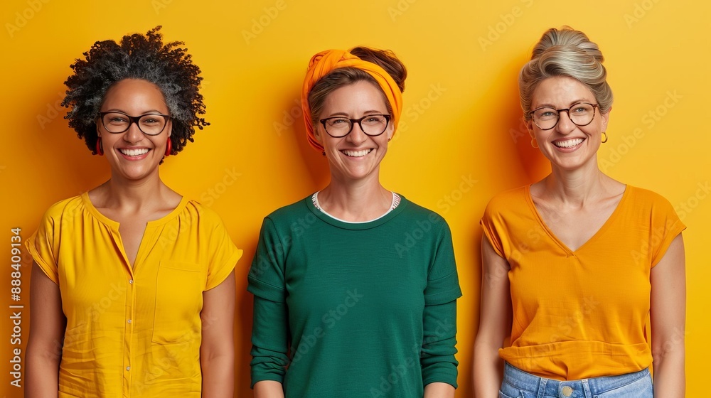 Three smiling women with eyeglasses stand against a vibrant yellow background, expressing happiness and fashion. Three smiling women with eyeglasses stand against a vibrant yellow background, expressing happiness and fashion.