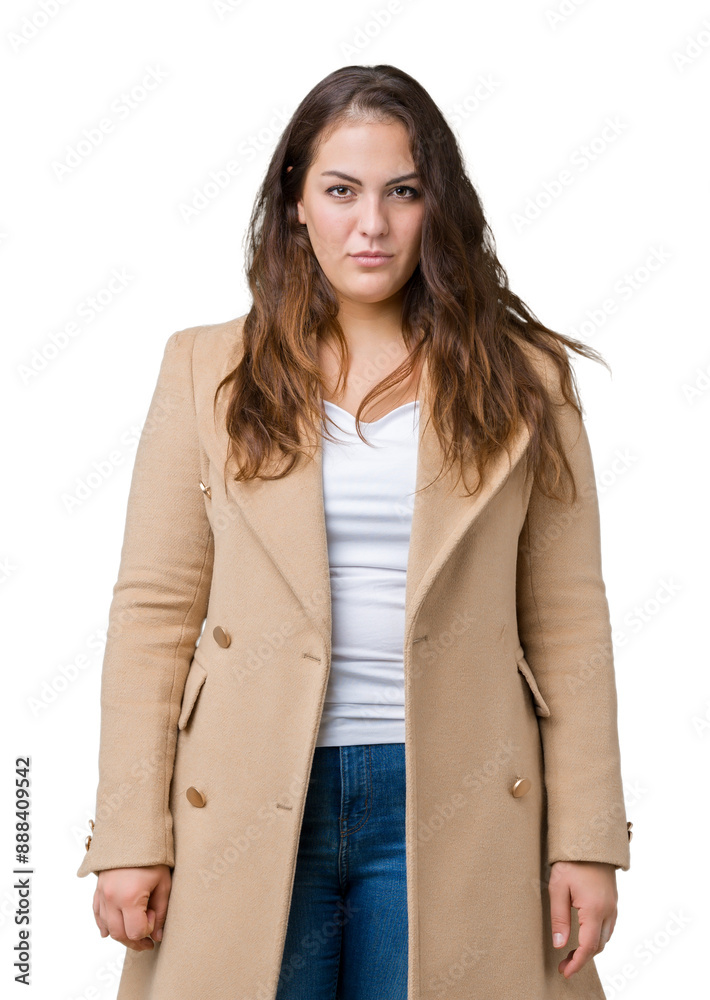 Beautiful plus size young woman wearing winter coat over isolated background skeptic and nervous, frowning upset because of problem. Negative person. Beautiful plus size young woman wearing winter coat over isolated background skeptic and nervous, frowning upset because of problem. Negative person.