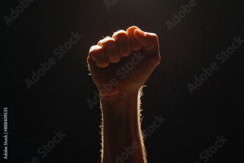 Determined fist raised in the air in front of dark background photo