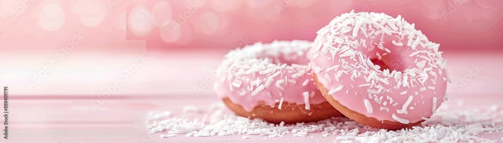Two delicious pink donuts with coconut flakes on a pastel background, perfect for bakery, dessert, and celebration themes. Two delicious pink donuts with coconut flakes on a pastel background, perfect for bakery, dessert, and celebration themes.
