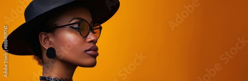 Woman Wearing Sunglasses And Hat Against Yellow Background