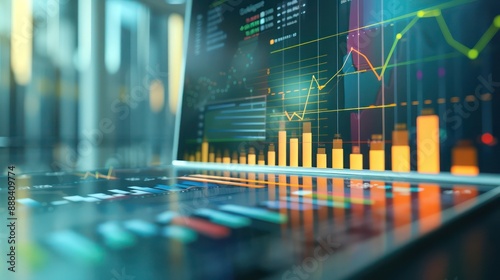 High-resolution image of a corporate earnings analysis, with 3D charts and graphs emerging from a sleek, modern table