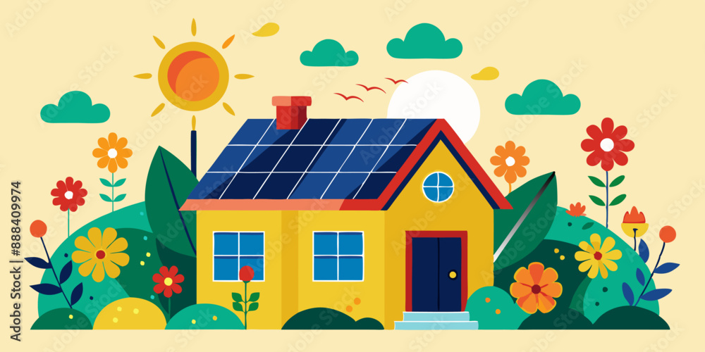 Vector illustration of a house with solar panels on the roof, surrounded by flowers and bright sunshine. Vector illustration of a house with solar panels on the roof, surrounded by flowers and bright sunshine.