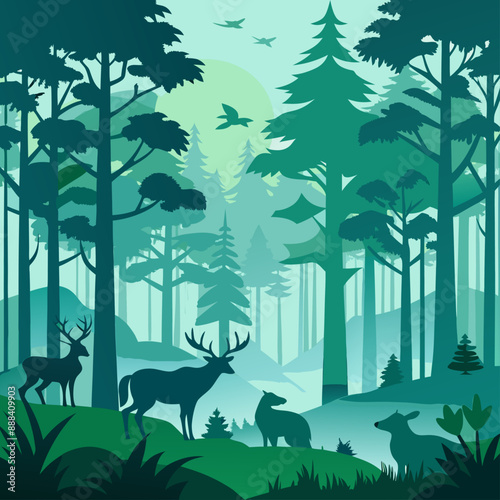 Escena de un bosque lleno de árboles altos, con varios ciervos pastando y descansando. El paisaje natural refleja la paz y armonía de la fauna en su hábitat.