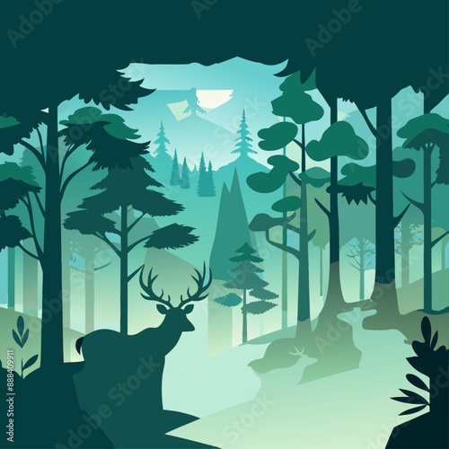 Ilustración de un paisaje boscoso con un ciervo en primer plano y montañas en la distancia. La escena transmite la serenidad y majestuosidad de la vida salvaje en su entorno natural.