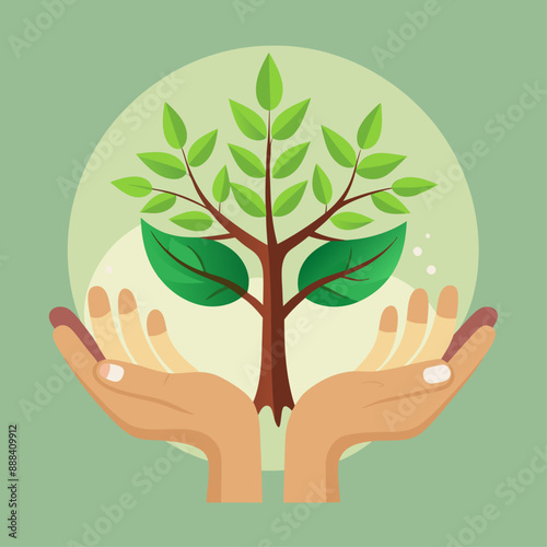 Ilustración de un par de manos sosteniendo un árbol joven, representando la protección y cuidado del medio ambiente. La imagen simboliza la responsabilidad ecológica y la sostenibilidad.