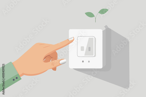 Vector illustration of a hand turning off a light switch with a green sprout, symbolizing energy conservation.