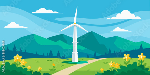 Vector illustration of a wind turbine in a green landscape with mountains and flowers.
