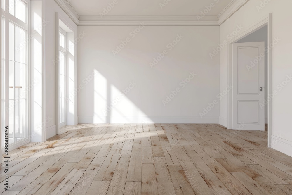 Modern empty room with wooden floor, windows and white plain wall. Contemporary interior background Modern empty room with wooden floor, windows and white plain wall. Contemporary interior background
