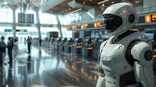 futuristic airport terminal where Gate Agents and Security Officers use AI to streamline passenger processing and boarding