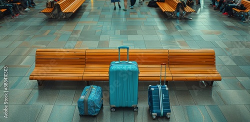 Blue Suitcases Resting On Benches In A Modern Airport Terminal