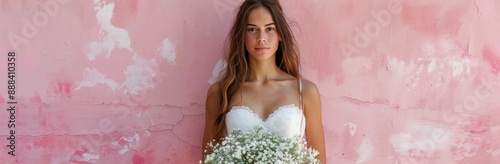 Woman in White Dress Standing in Front of Pink Wall With Flowers