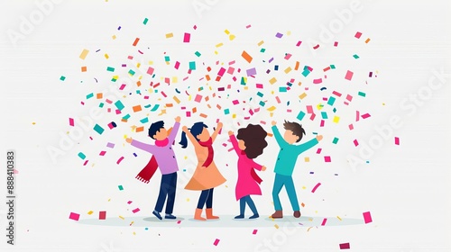 Vector illustration of happy people celebrating with colorful confetti, symbolizing joy, friendship, and festive occasions.