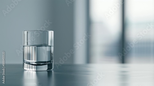 A minimalist shot of a glass of water on a sleek table, set against a blurred, modern background, showcasing simplicity and clarity.