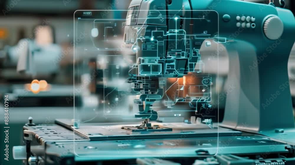 A close-up shot of an industrial sewing machine with a digital overlay displaying a technical diagram. The image highlights the integration of technology in modern manufacturing processes. A close-up shot of an industrial sewing machine with a digital overlay displaying a technical diagram. The image highlights the integration of technology in modern manufacturing processes.