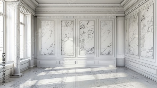 Room with white marble walls lacking furnishings