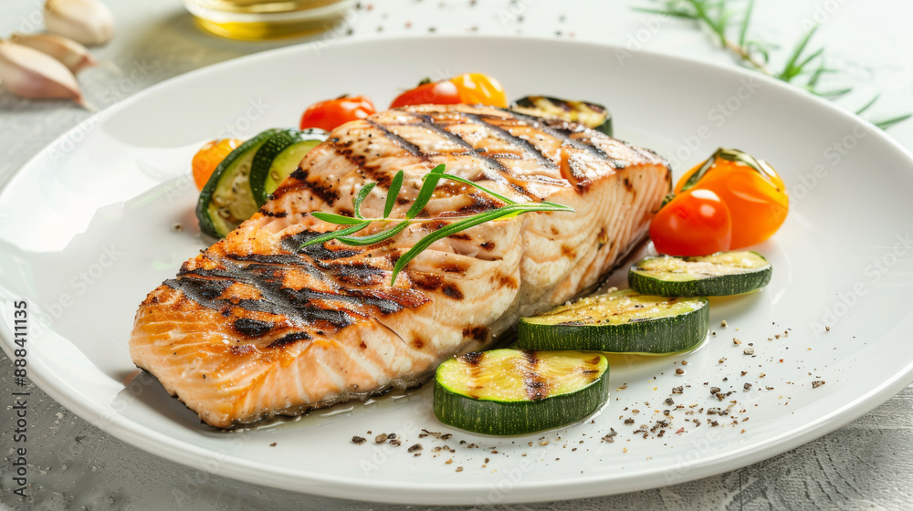 Grilled salmon fillets garnished with fresh rosemary, paired with vibrant roasted vegetables on an elegantly presented white plate. Grilled salmon fillets garnished with fresh rosemary, paired with vibrant roasted vegetables on an elegantly presented white plate.