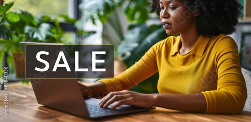 Woman Browsing Online Sales on Laptop in Home Office