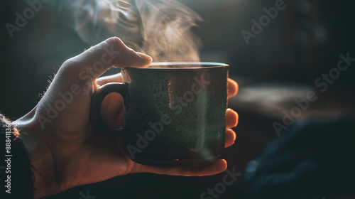 A person is holding a mug of hot coffee